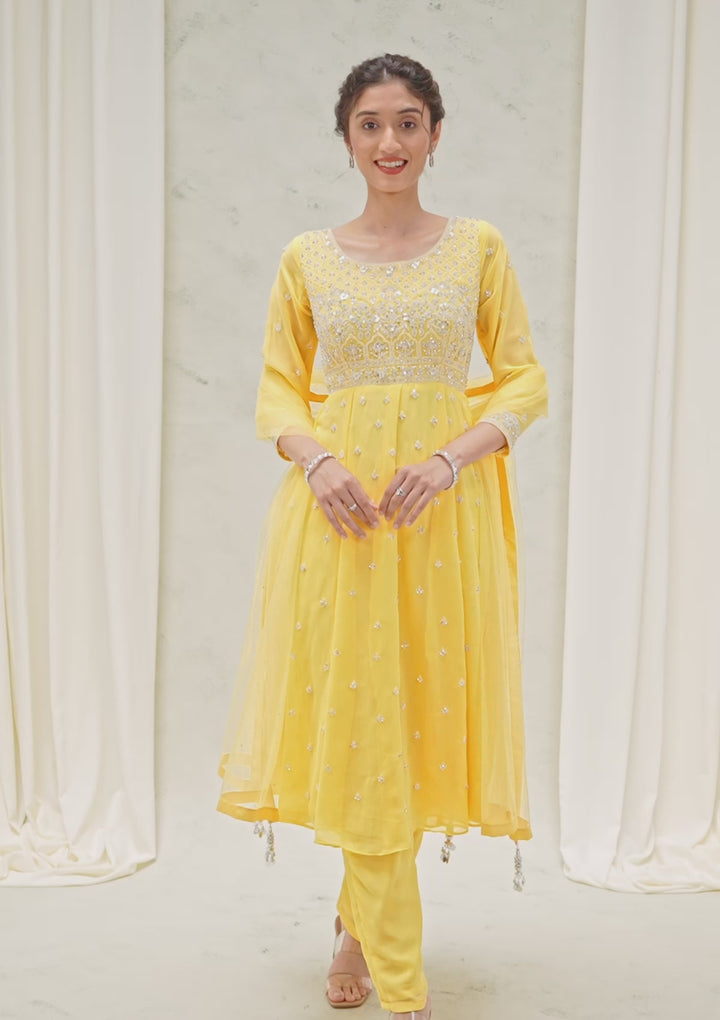 Yellow Threadwork Georgette Readymade Salwar Suit