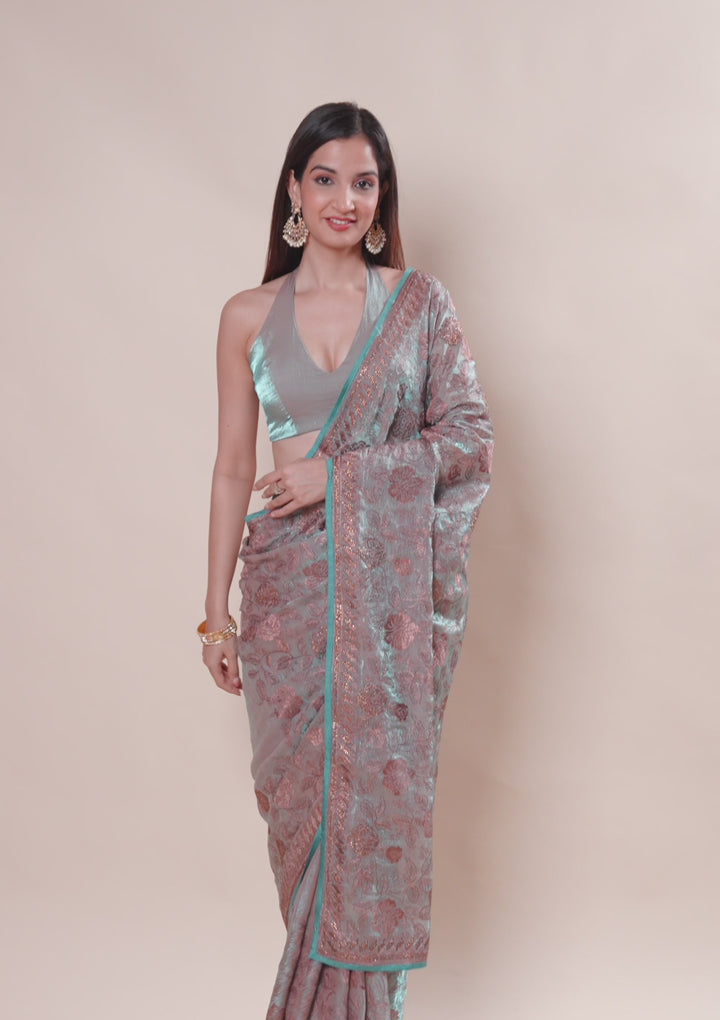 Pista Green Threadwork Raw Silk Saree