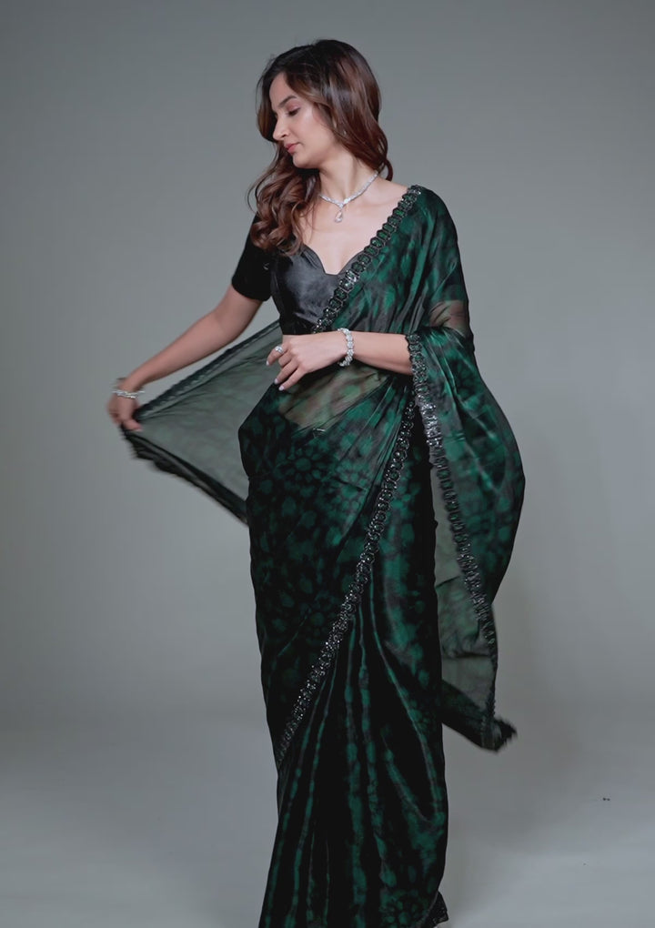 Rama Green Printed Organza Saree