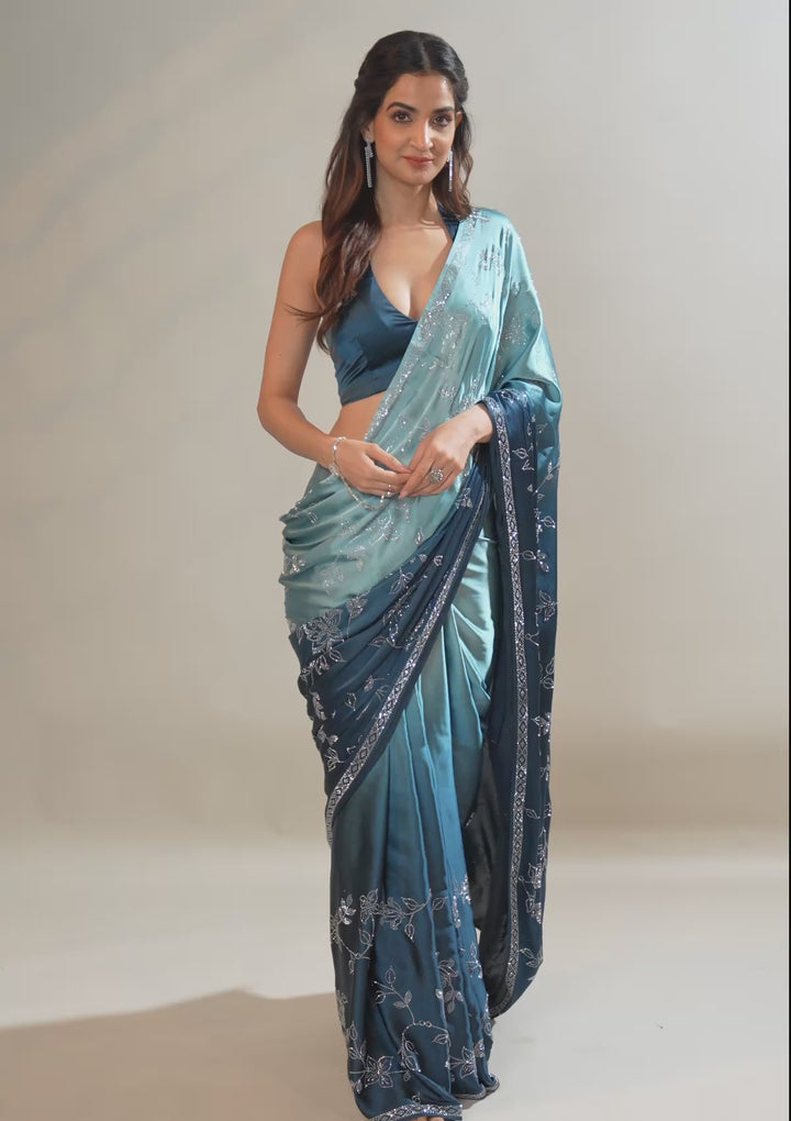 Turquoise Blue Stonework Satin Saree