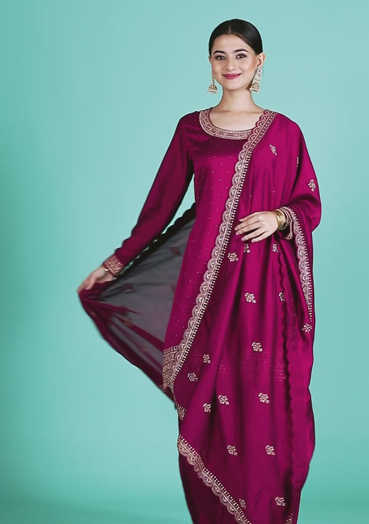 Wine Zariwork Raw Silk Readymade Sharara Suit