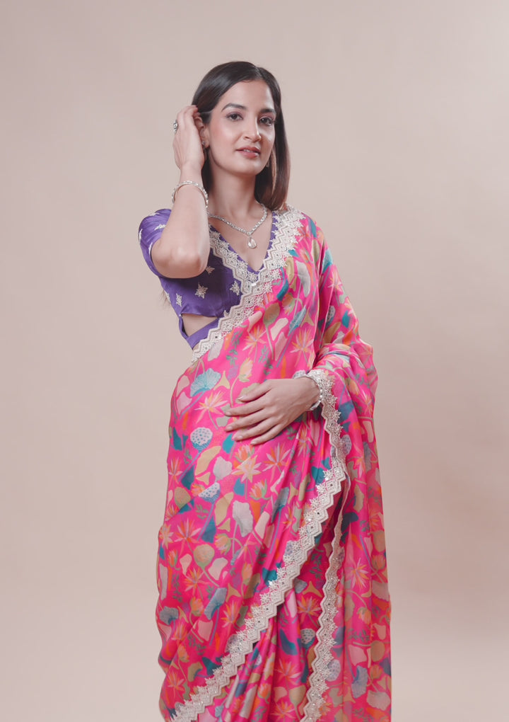 Rani Pink Threadwork Georgette Saree