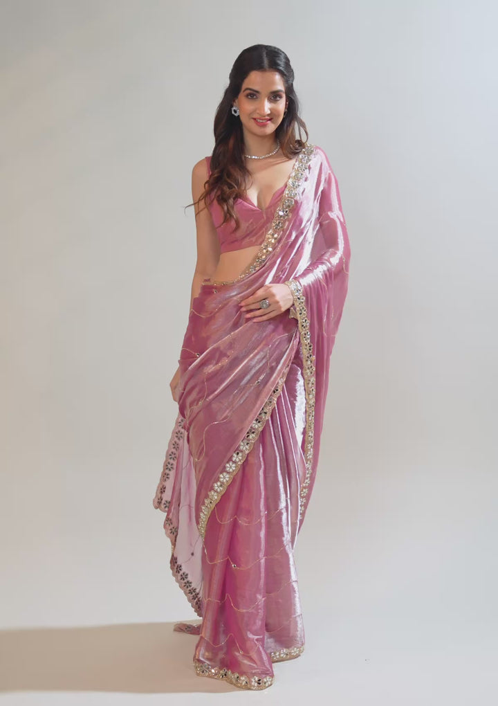 Onion Pink Mirrorwork Tissue Saree