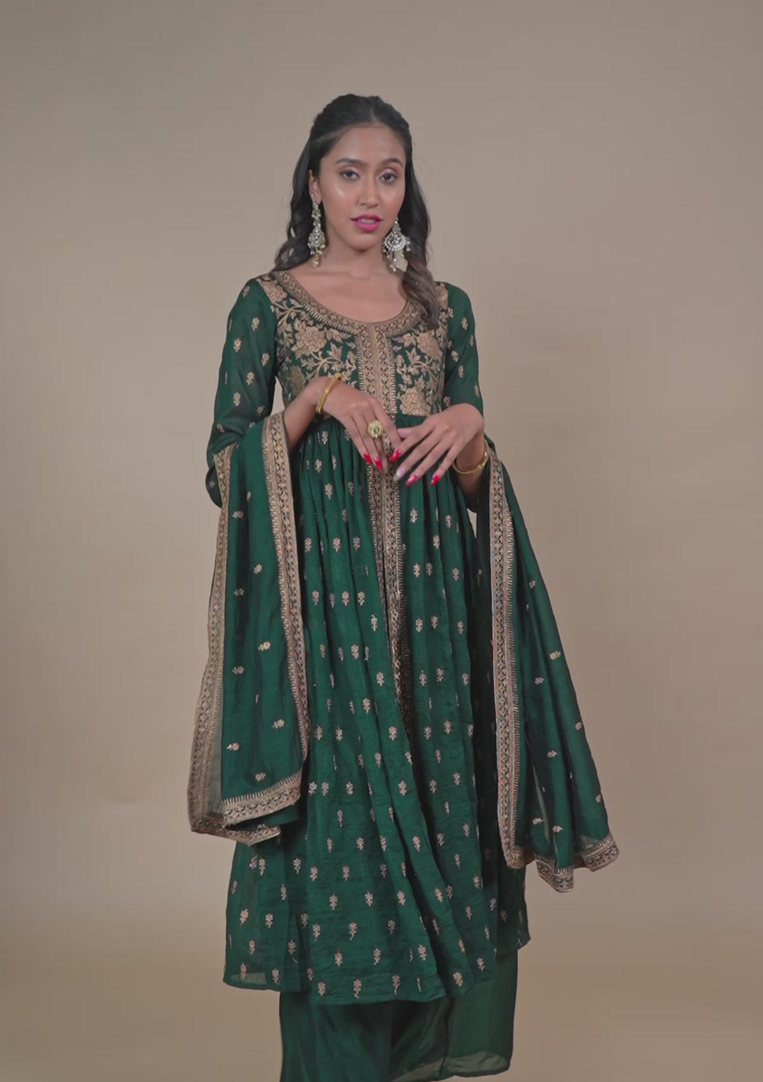 Bottle Green Zariwork Raw Silk Readymade Salwar Suit