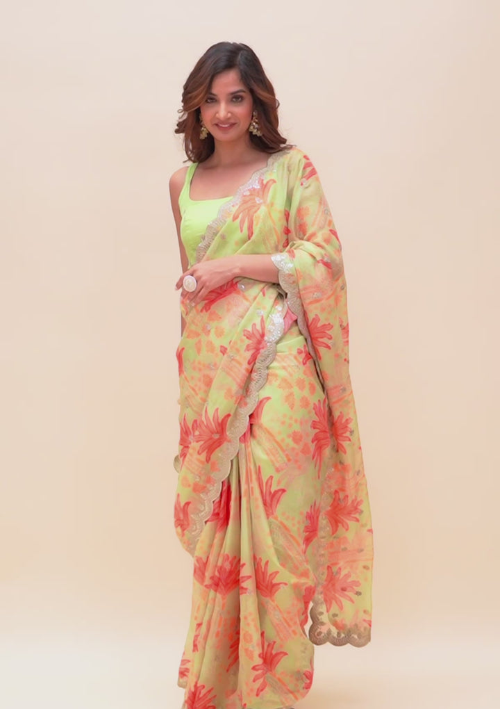 Pista Green Printed Organza Saree