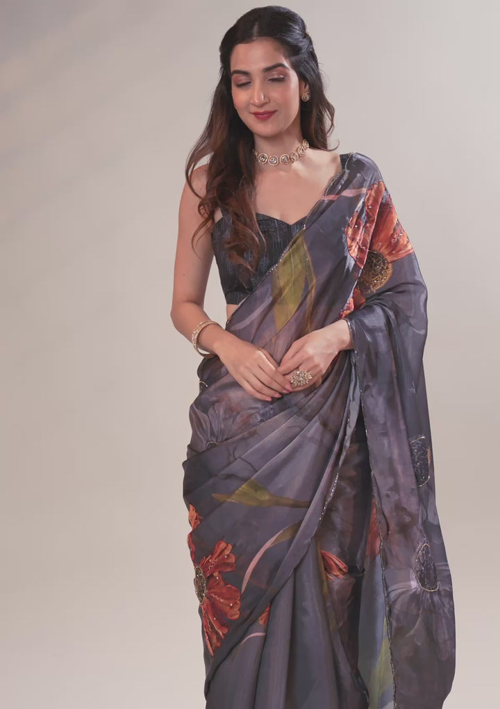 Navy Blue Printed Tissue Saree