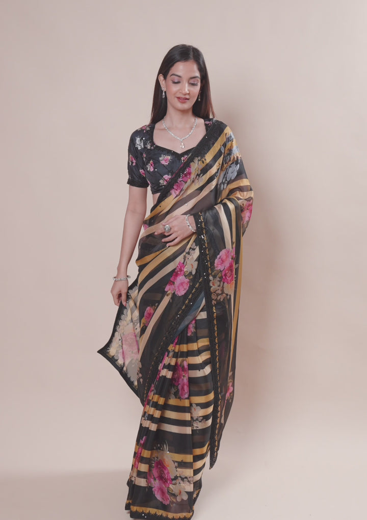 Black Printed Georgette Saree