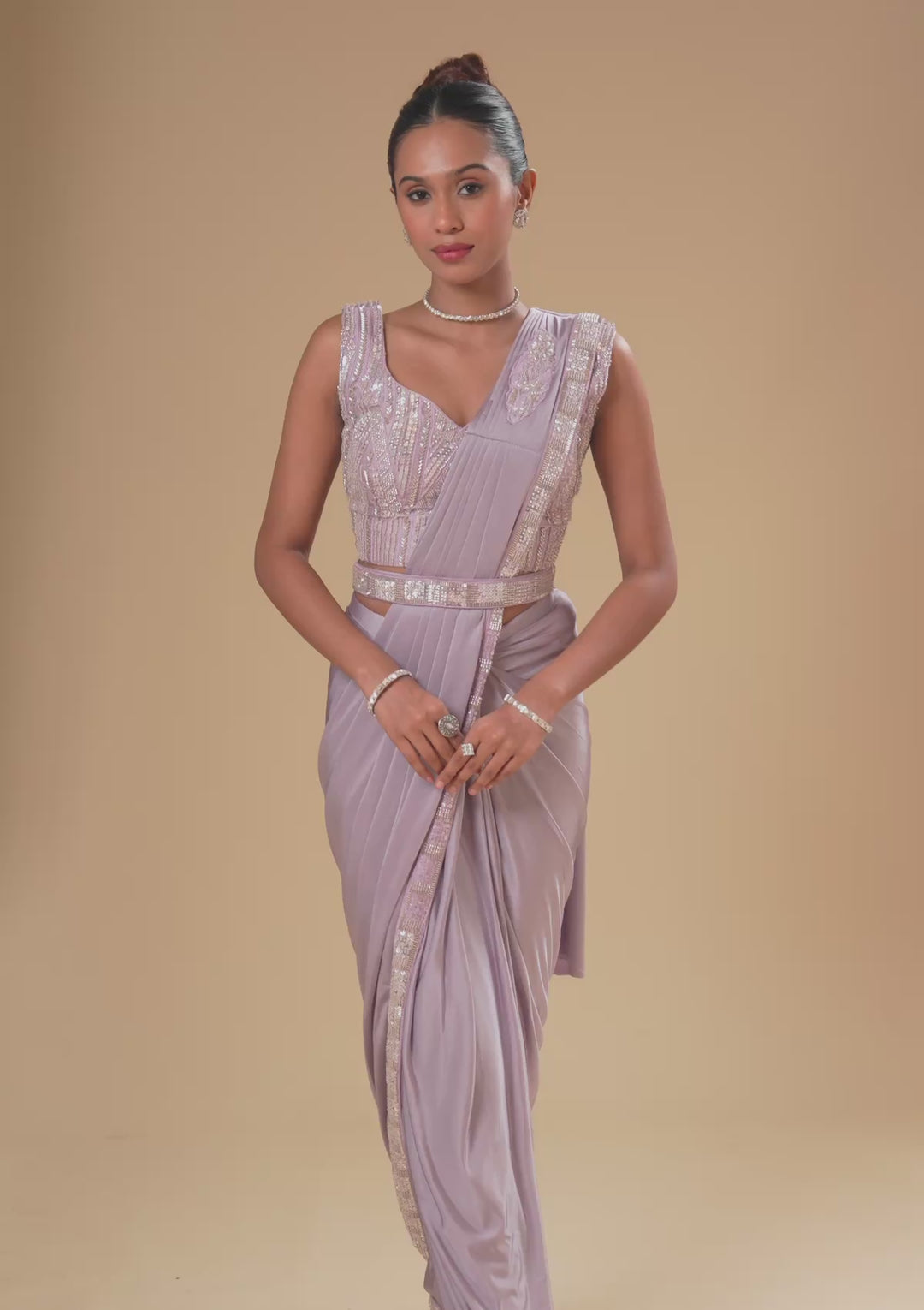 Lavender Cutdana Satin Readymade Saree
