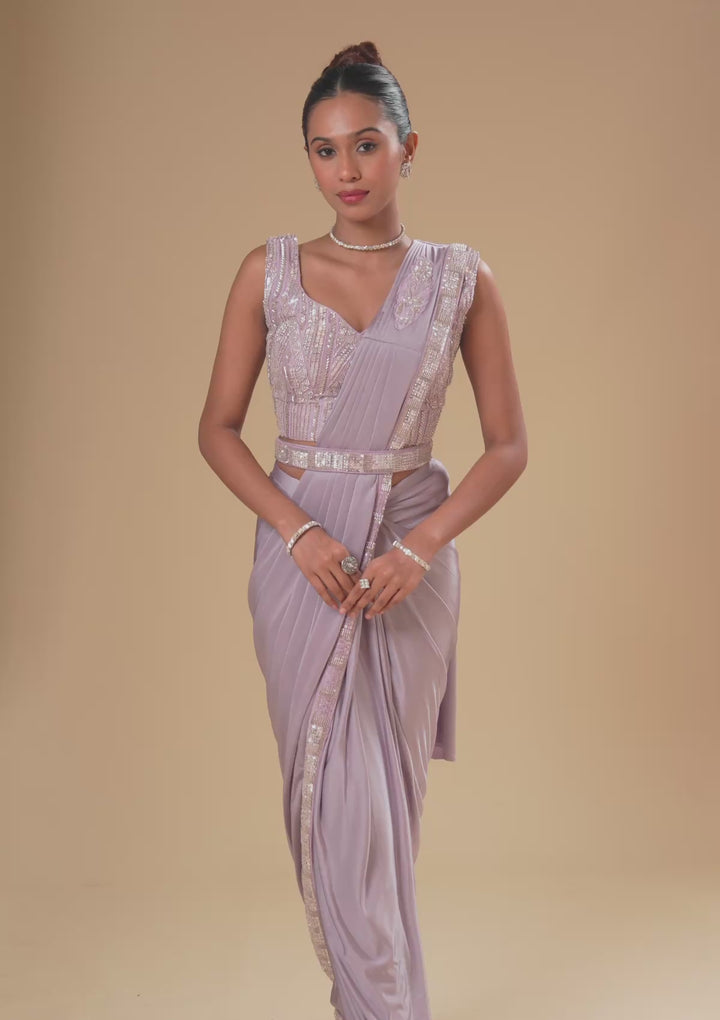 Lavender Cutdana Satin Readymade Saree