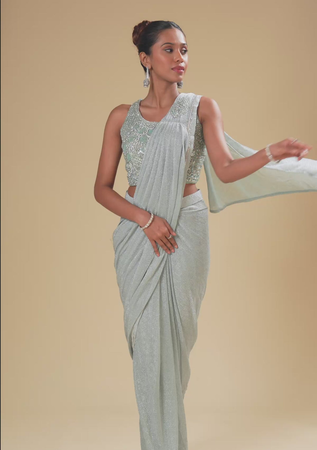 Sea Green Stonework Chiffon Readymade Saree