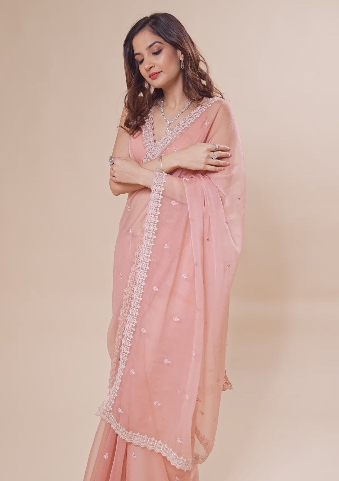 Peach Threadwork Chiffon Saree
