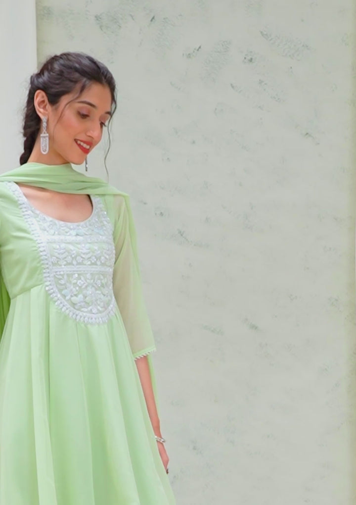 Pista Green Threadwork Georgette Readymade Anarkali Suit
