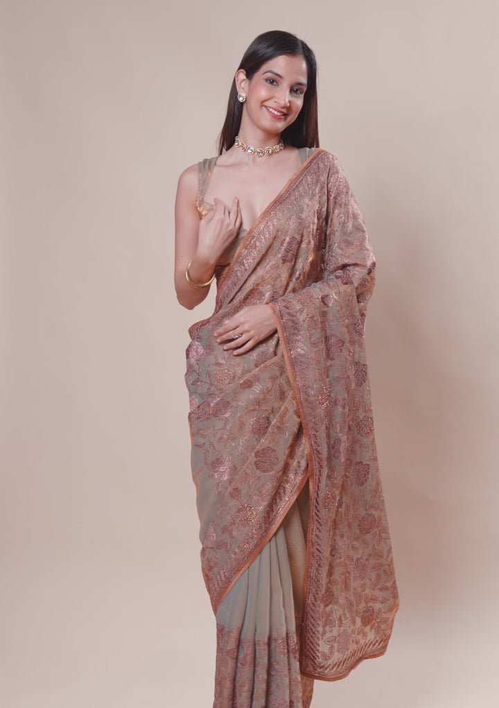 Beige Threadwork Raw Silk Saree