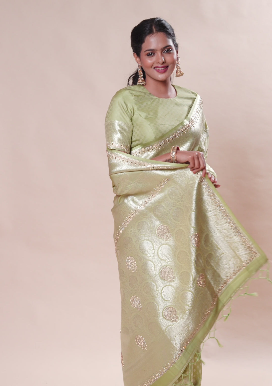 Pista Green Zariwork Soft Silk Saree