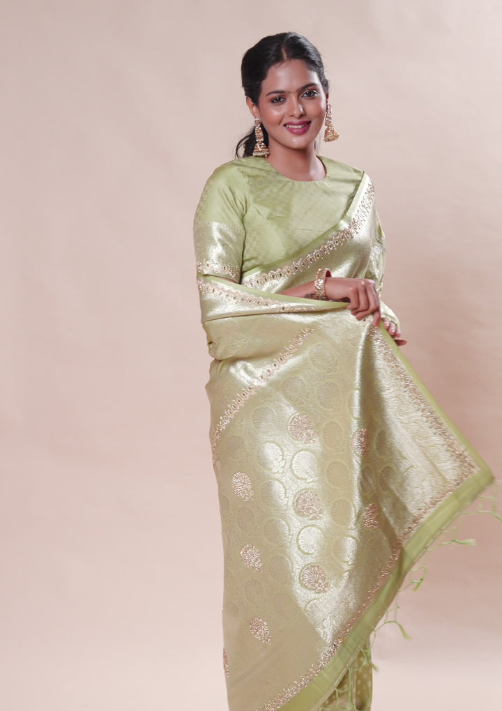 Pista Green Zariwork Soft Silk Saree
