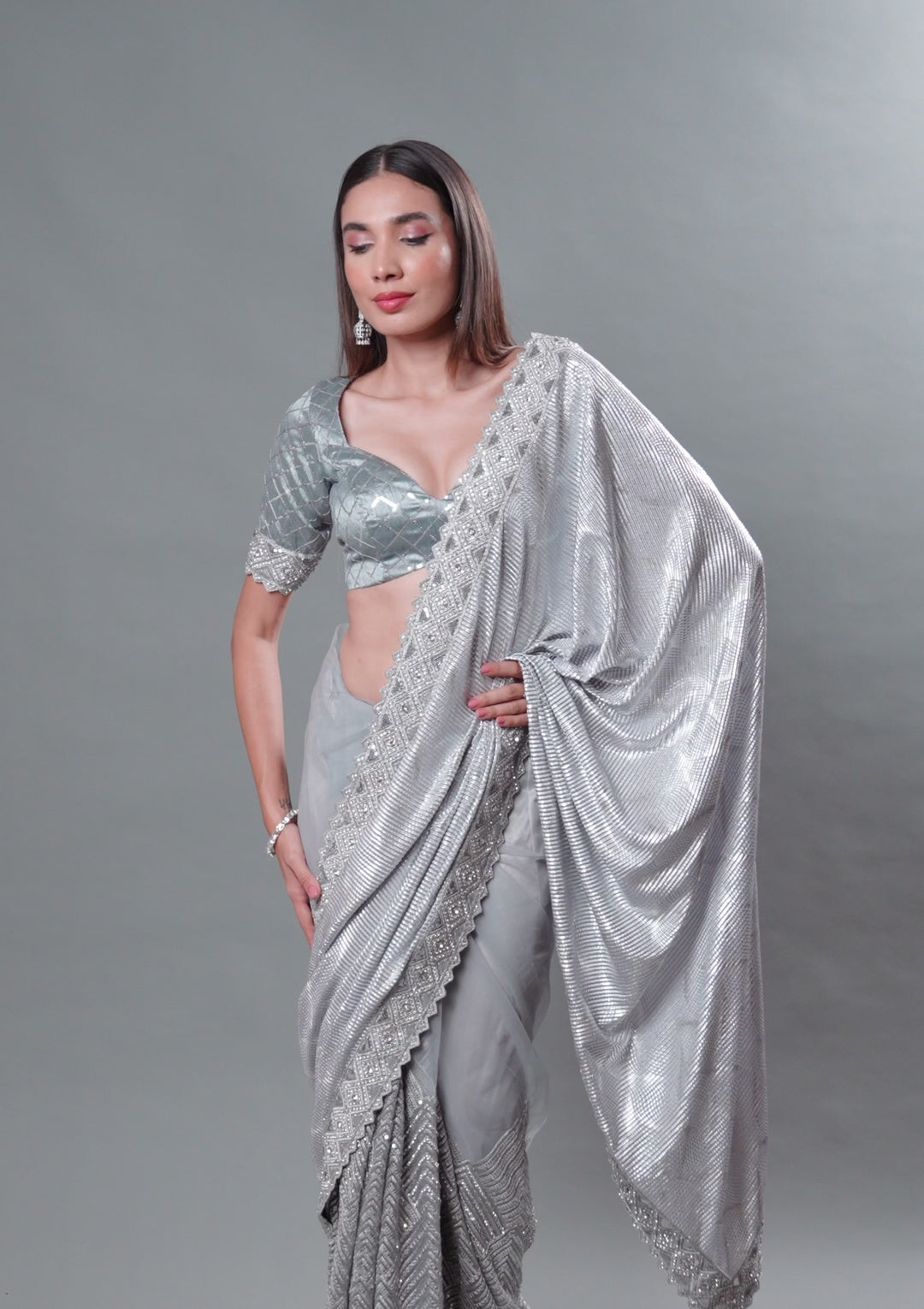 Grey Stonework Semi Crepe Saree