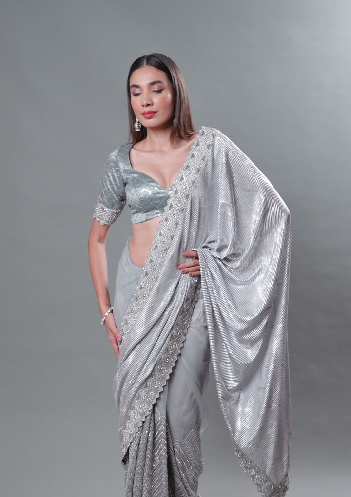 Grey Stonework Semi Crepe Saree