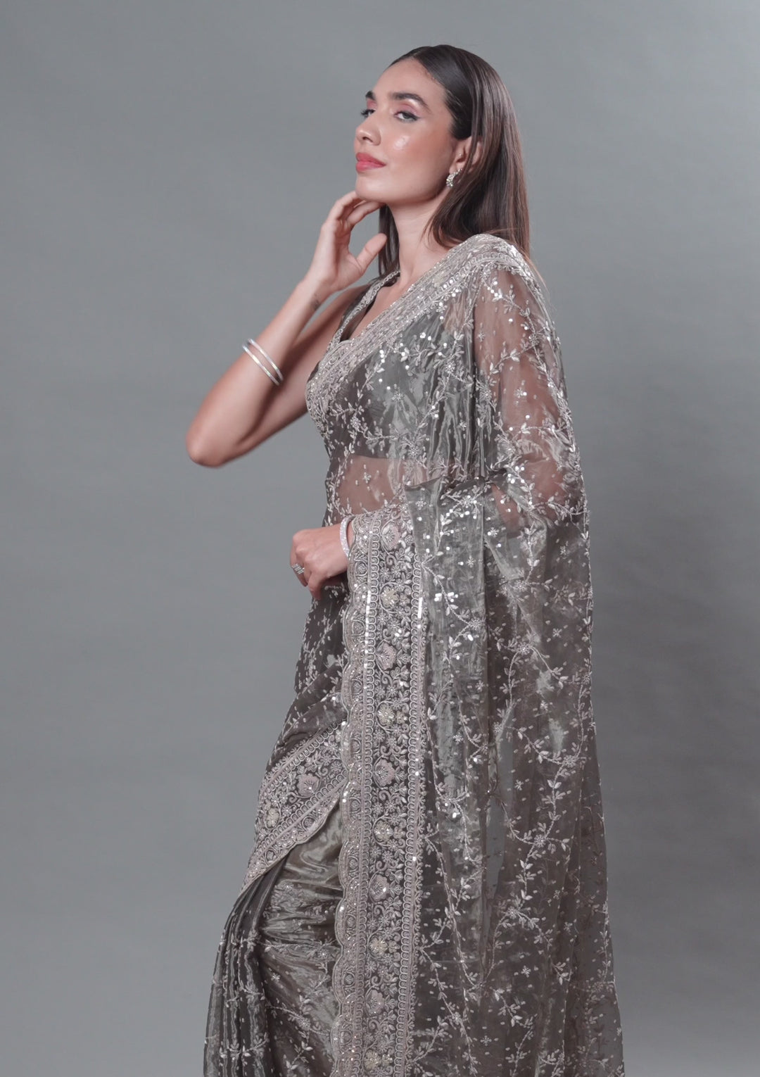 Mehendi Sequins Tissue Saree