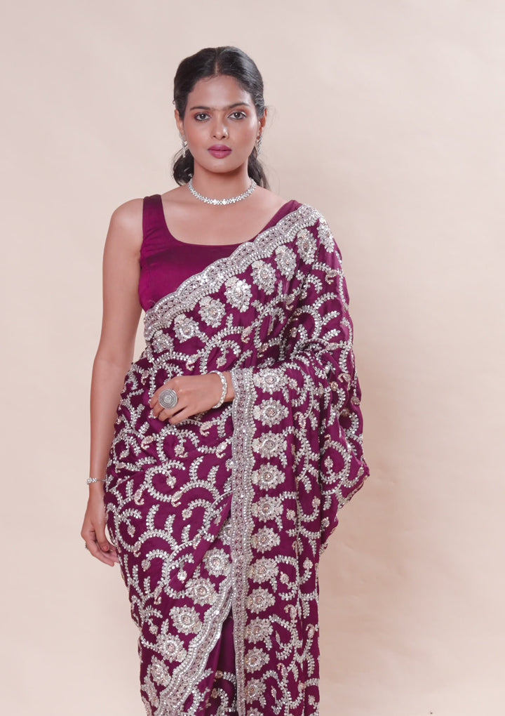 Wine Zariwork Georgette Saree