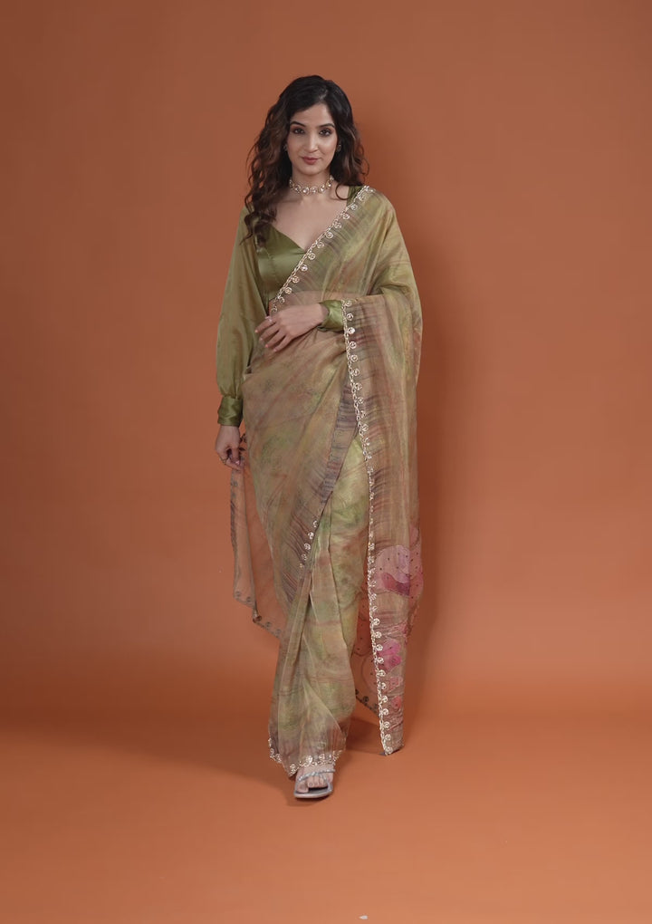 Mehendi Printed Tissue Saree
