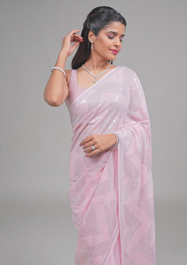Baby Pink Sequins Georgette Saree