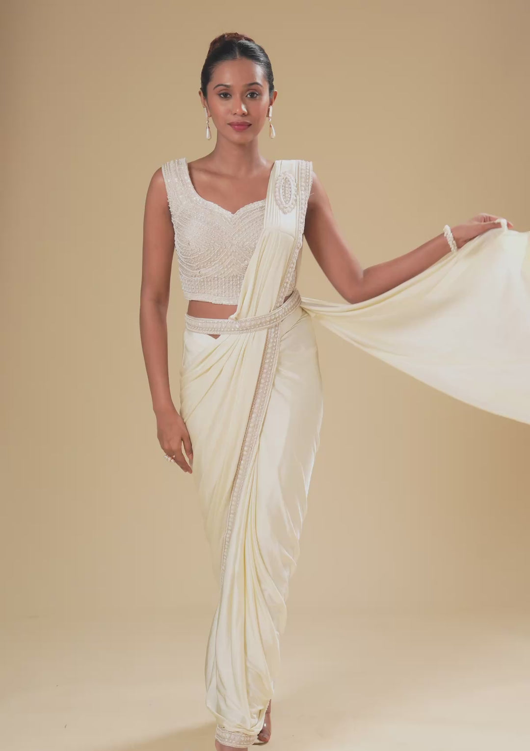 Cream Stonework Satin Readymade Saree