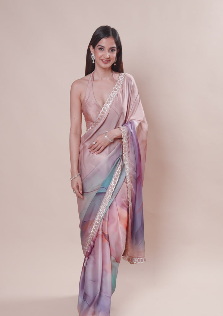 Purple Printed Satin Saree