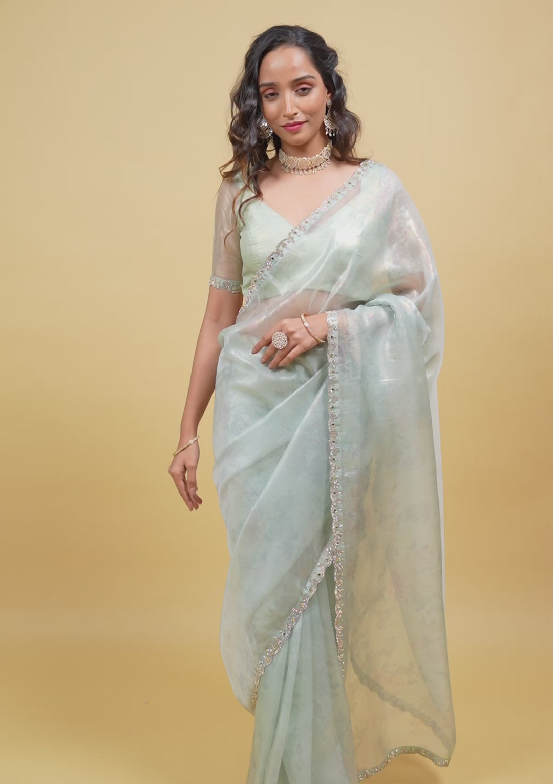 Sky Blue Stonework Tissue Saree