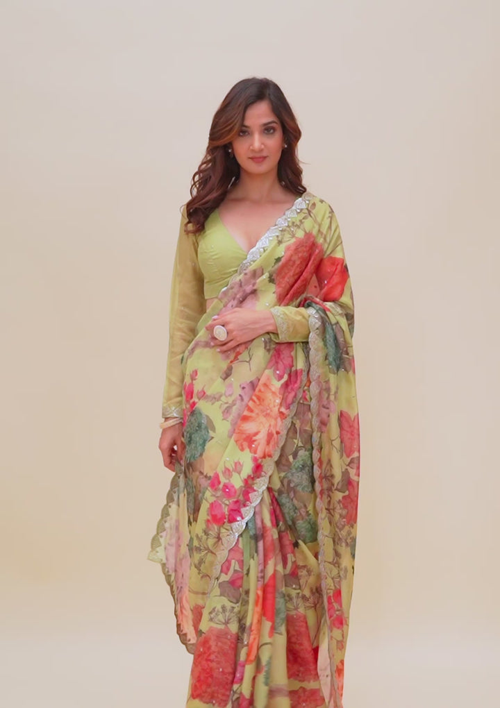 Pista Green Printed Organza Saree