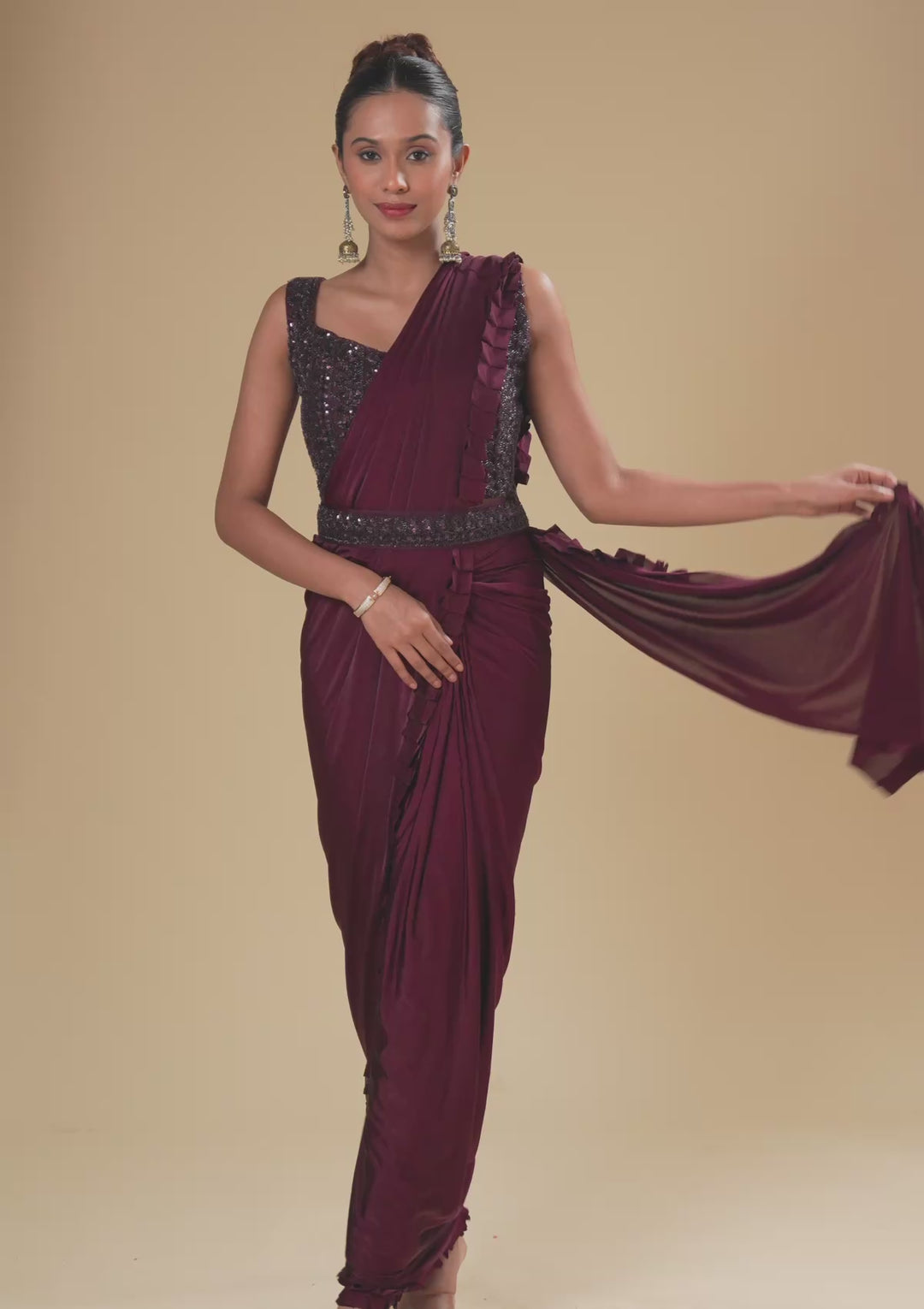 Wine Cutdana Satin Readymade Saree