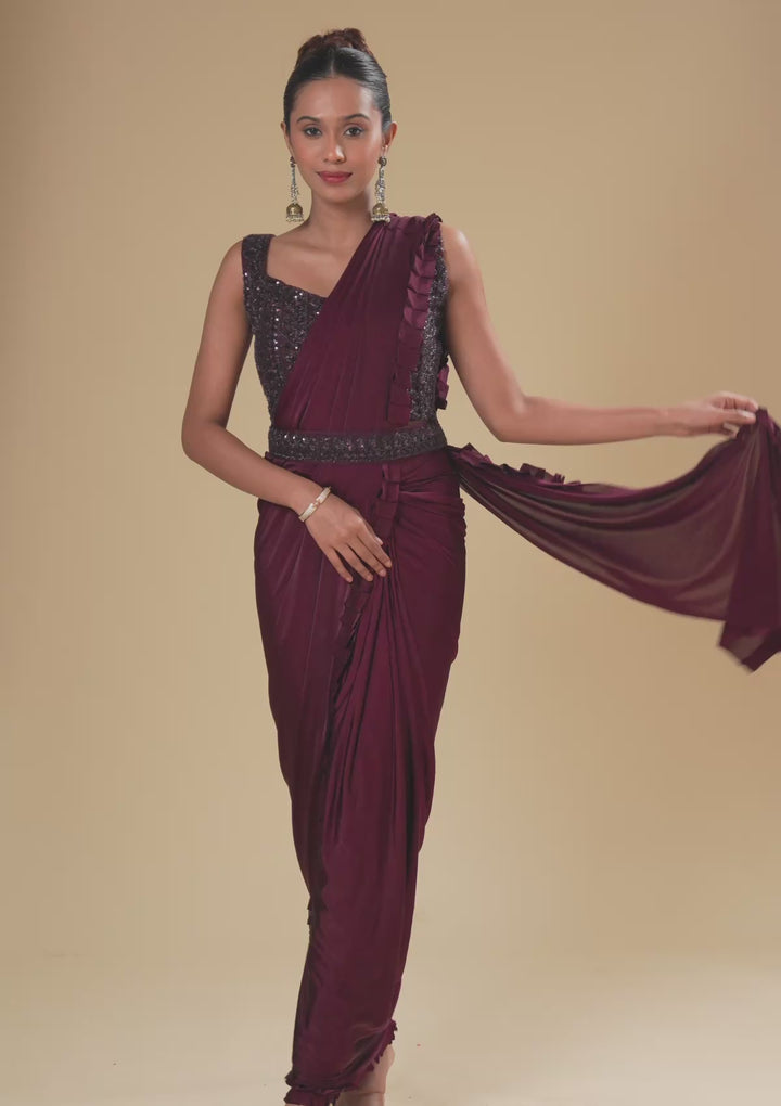 Wine Cutdana Satin Readymade Saree
