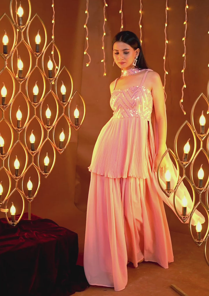 Baby Pink Sequins Georgette Readymade Sharara Suit