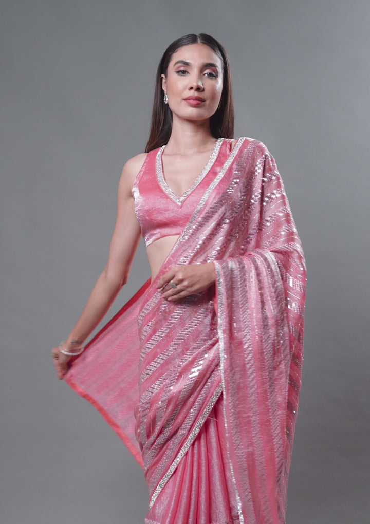 Peach Sequins Semi Crepe Saree