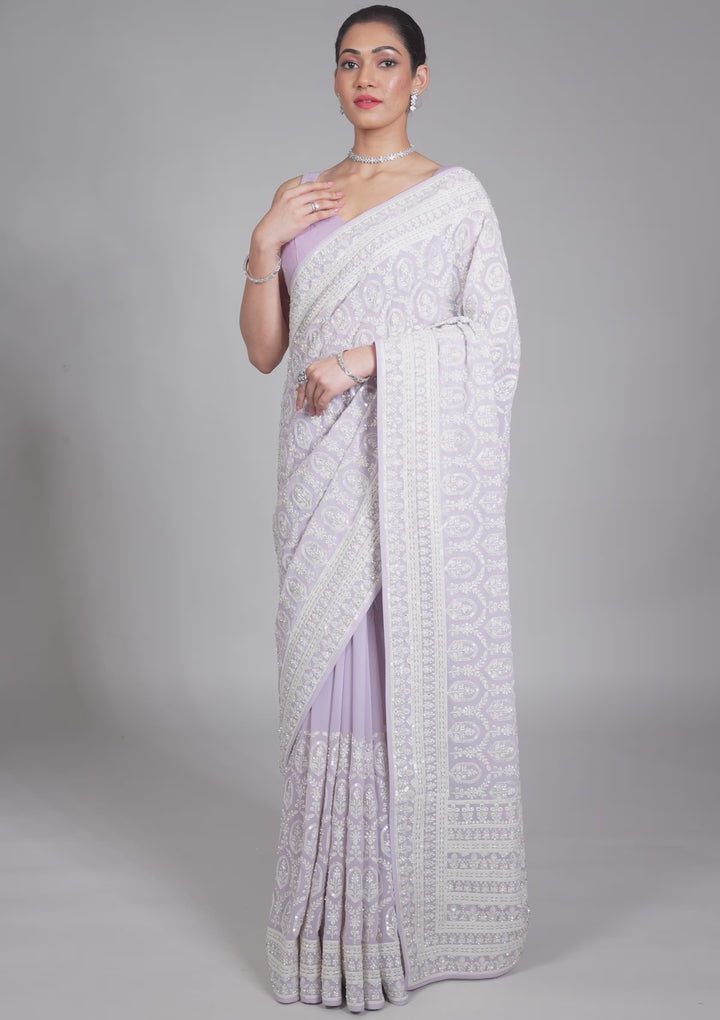 Lavender Threadwork Georgette Saree