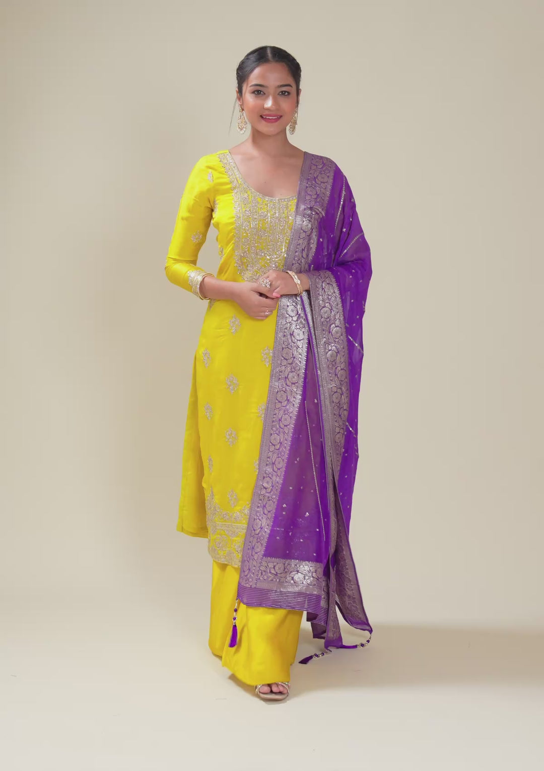 Yellow Zariwork Semi Crepe Readymade Salwar Suit