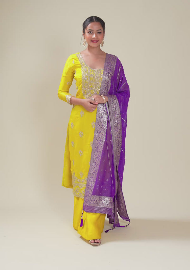 Yellow Zariwork Semi Crepe Readymade Salwar Suit
