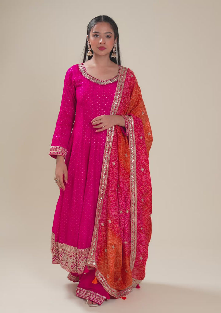 Rani Pink Stonework Semi Crepe Readymade Salwar Suit
