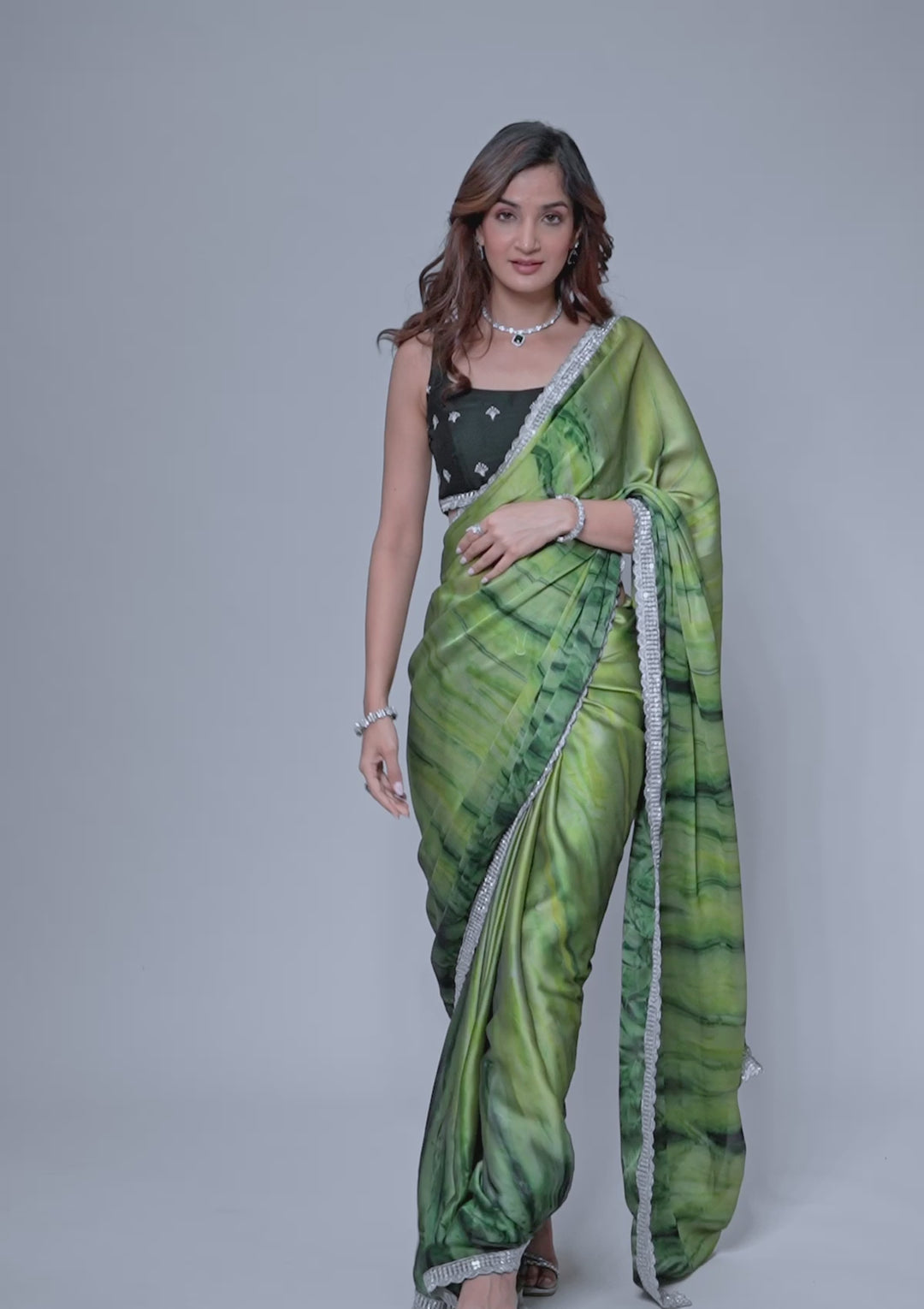 Bottle Green Printed Semi Crepe Saree