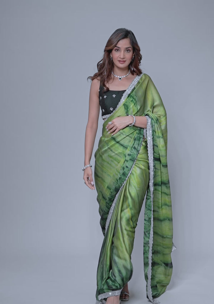 Bottle Green Printed Semi Crepe Saree