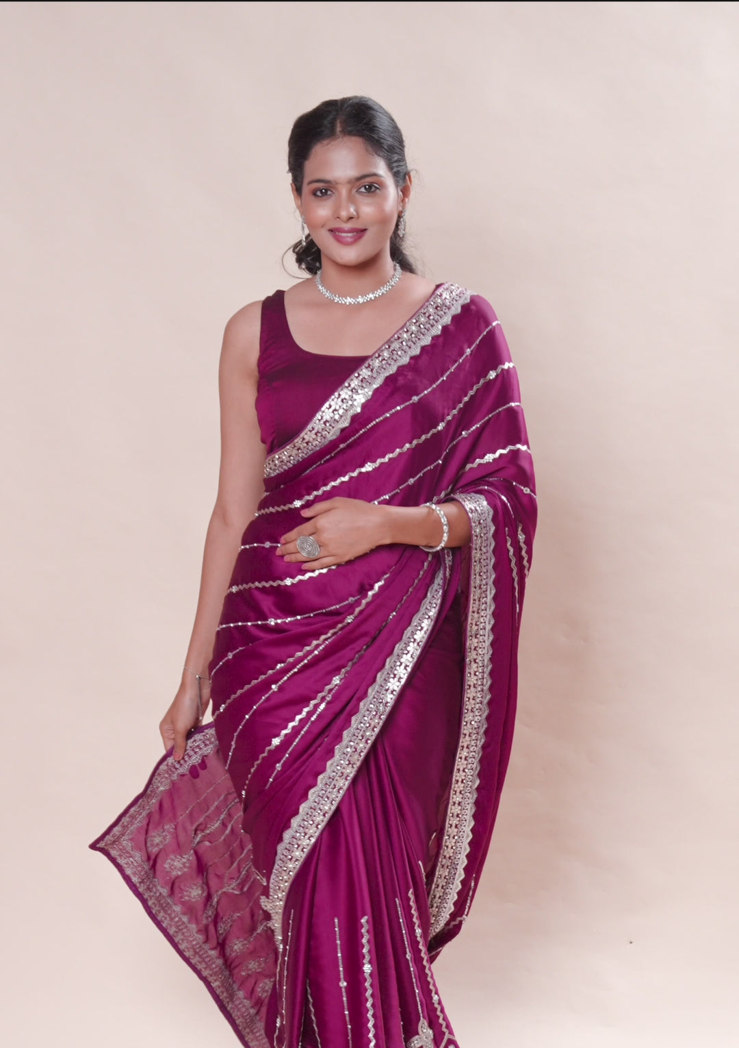Wine Sequins Satin Saree