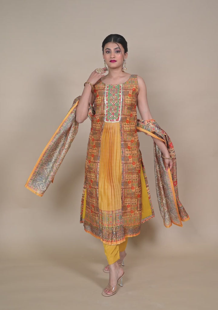 Mustard Threadwork Chanderi Readymade Salwar Suit