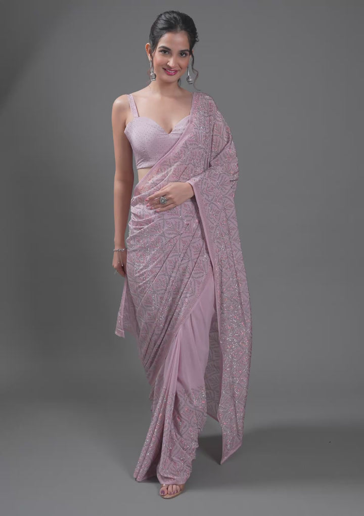 Baby Pink Stonework Satin Saree