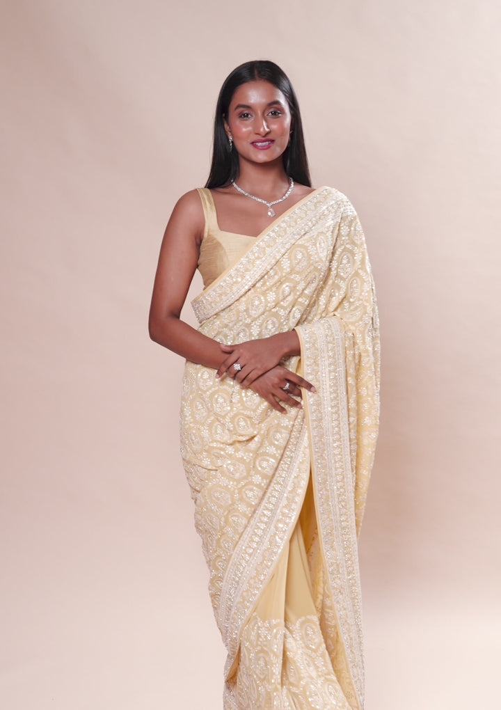 Yellow Threadwork Georgette Saree