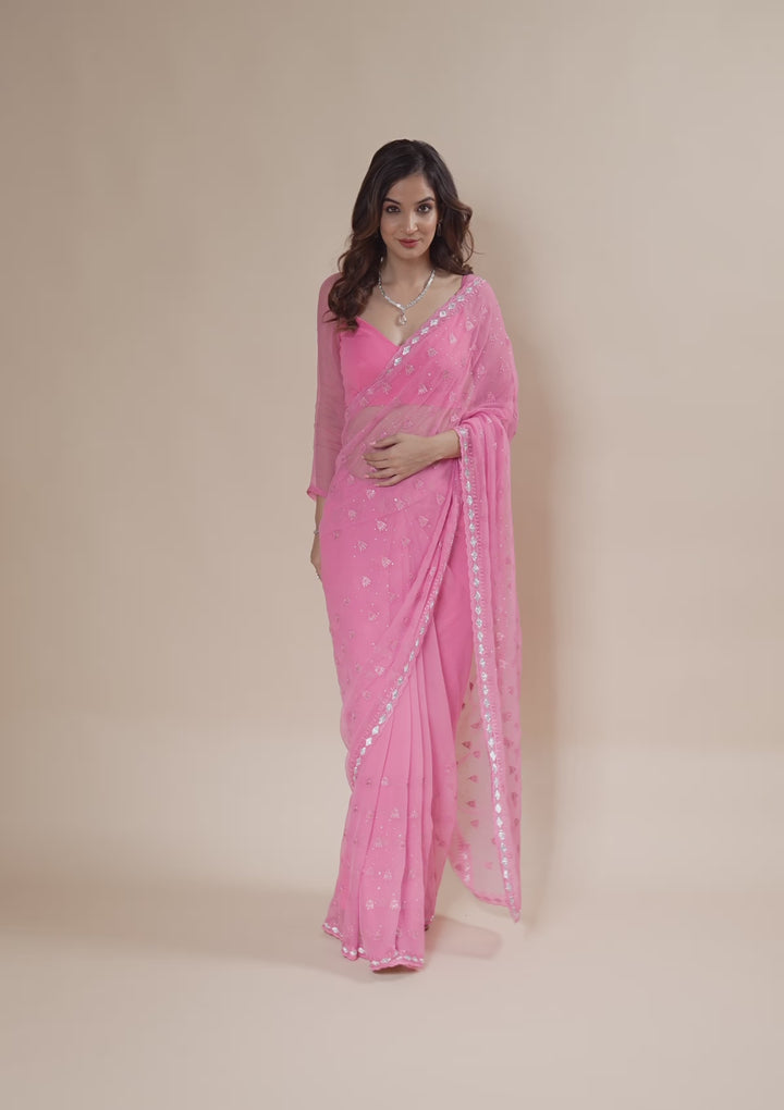 Pink Threadwork Chiffon Saree