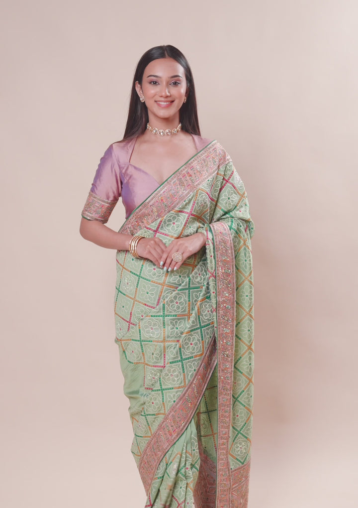 Pista Green Threadwork Soft Silk Saree