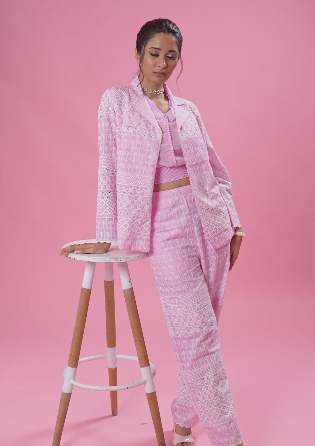 Baby Pink Threadwork Cotton Readymade Salwar Suit