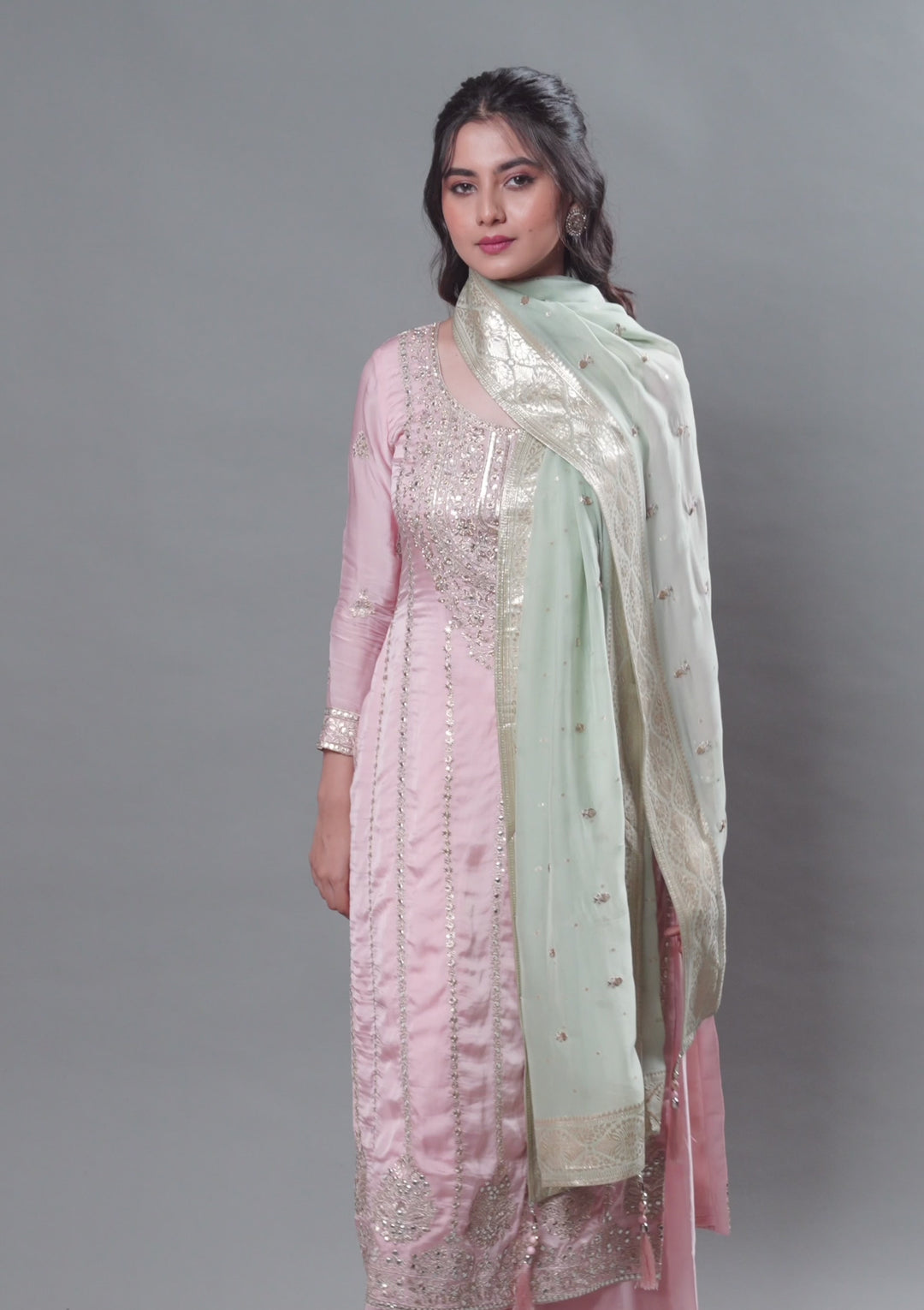 Baby Pink Zariwork Semi Crepe Readymade Salwar Suit