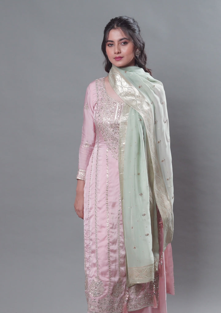 Baby Pink Zariwork Semi Crepe Readymade Salwar Suit
