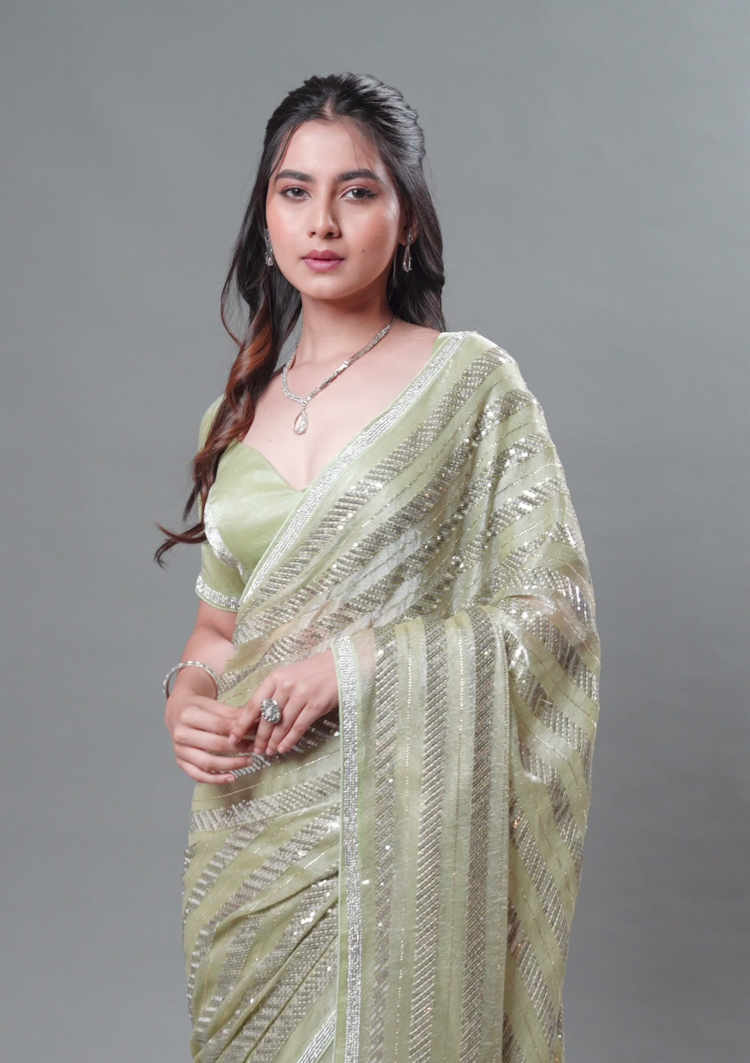 Pista Green Zariwork Semi Crepe Saree