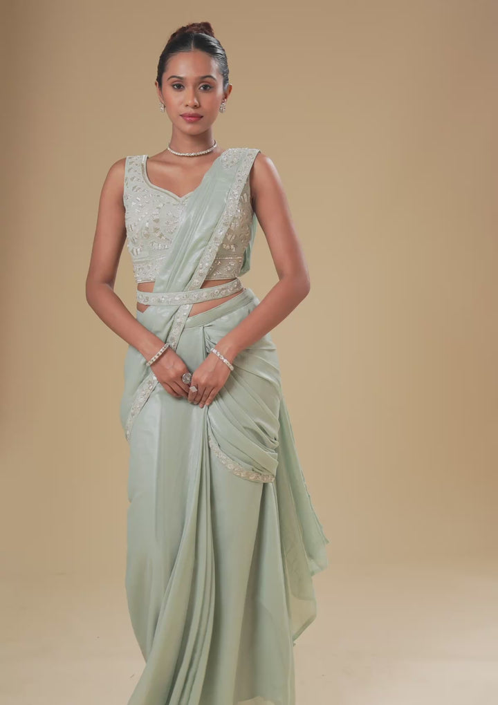 Sea Green Sequins Chiffon Readymade Saree